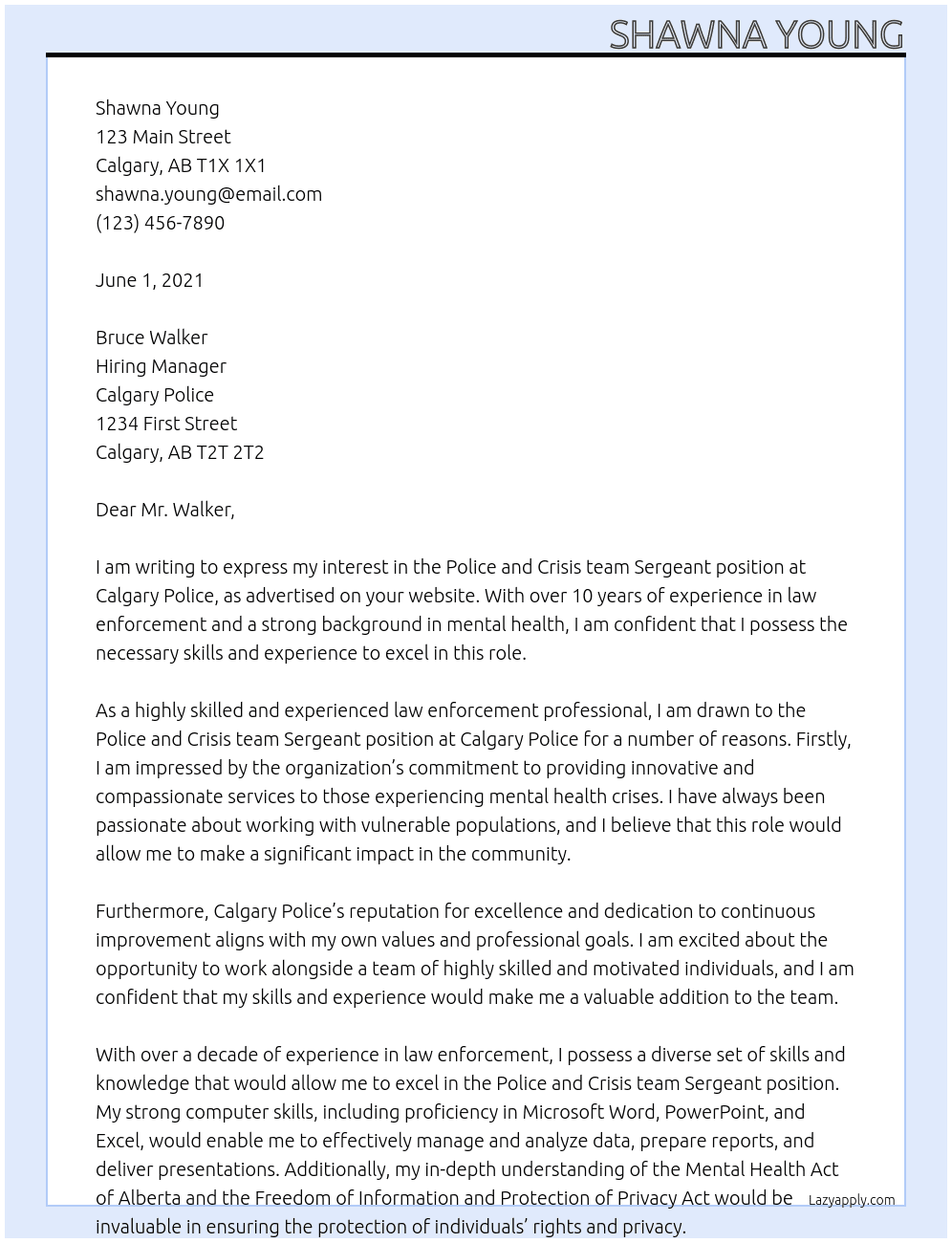 Police and Crisis team Sergeant  At Calpary police  Cover Letter