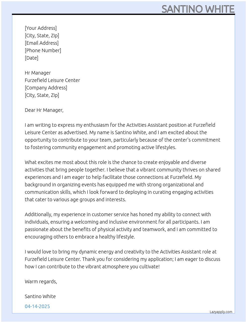 Activities Assistant  At Furzefield Leisure Center  Cover Letter