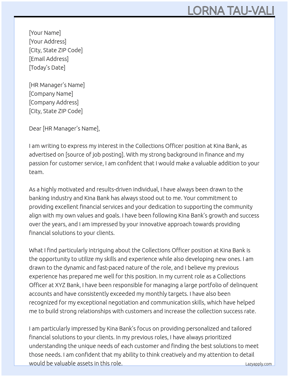 Collections Officer At Kina Bank Cover Letter