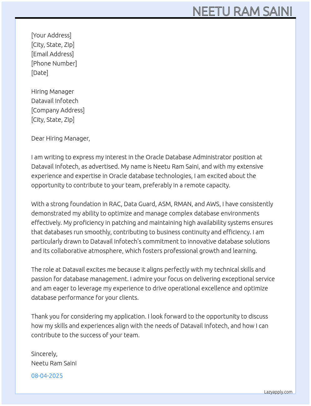 Cover letter for oracle dba - LazyApply