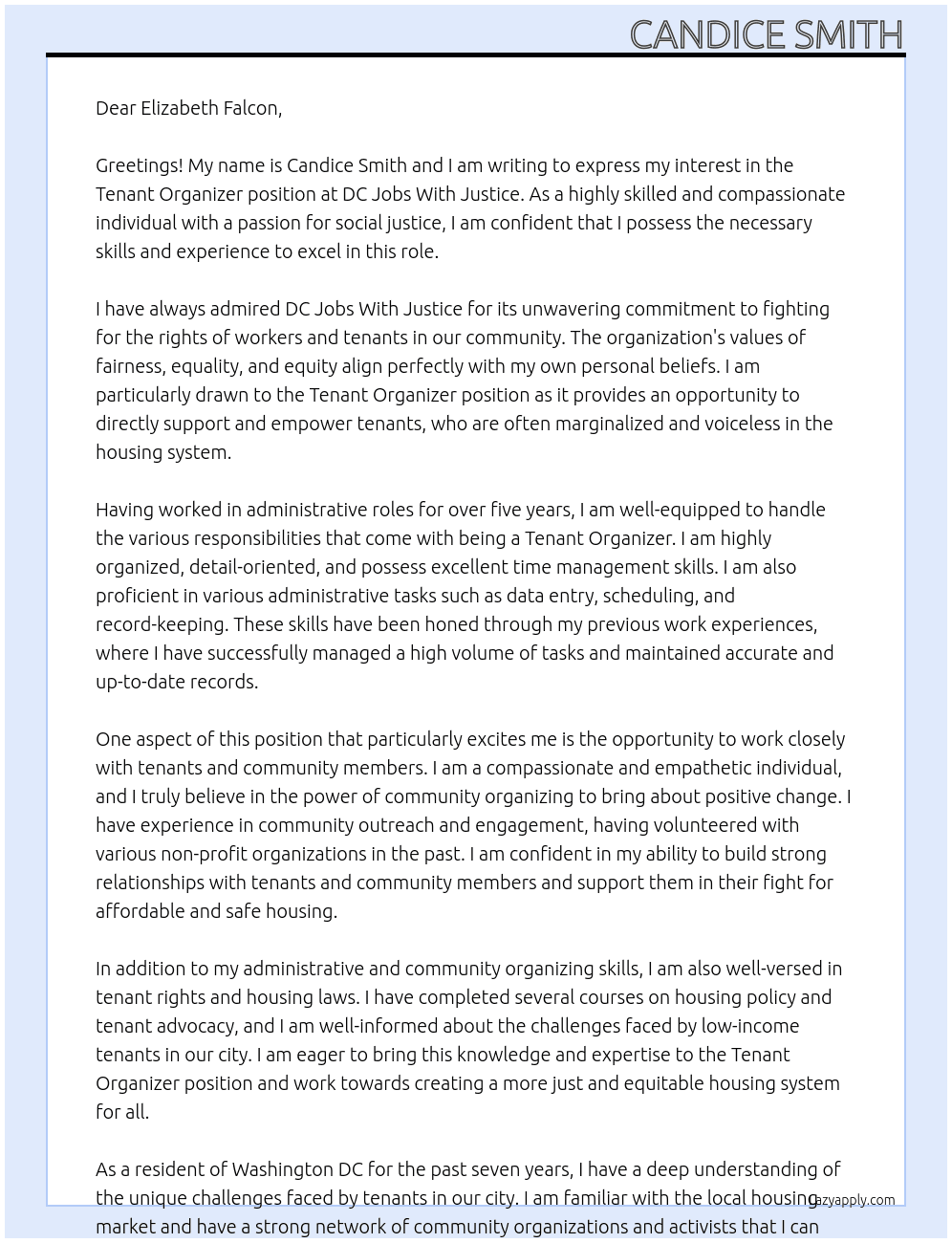 Tenant Organizer  At DC Jobs With Justice  Cover Letter