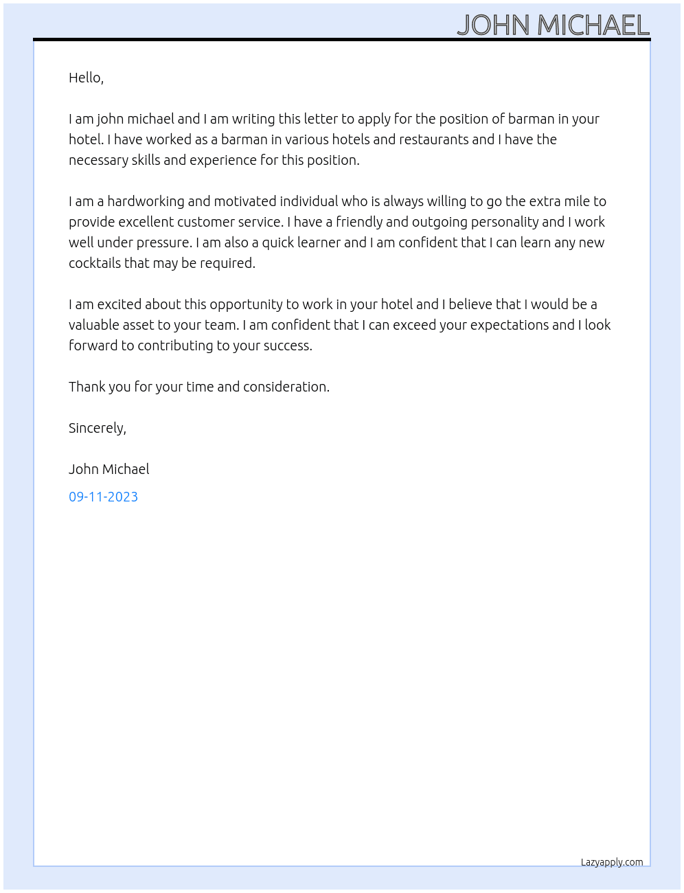 barman At hotel Cover Letter