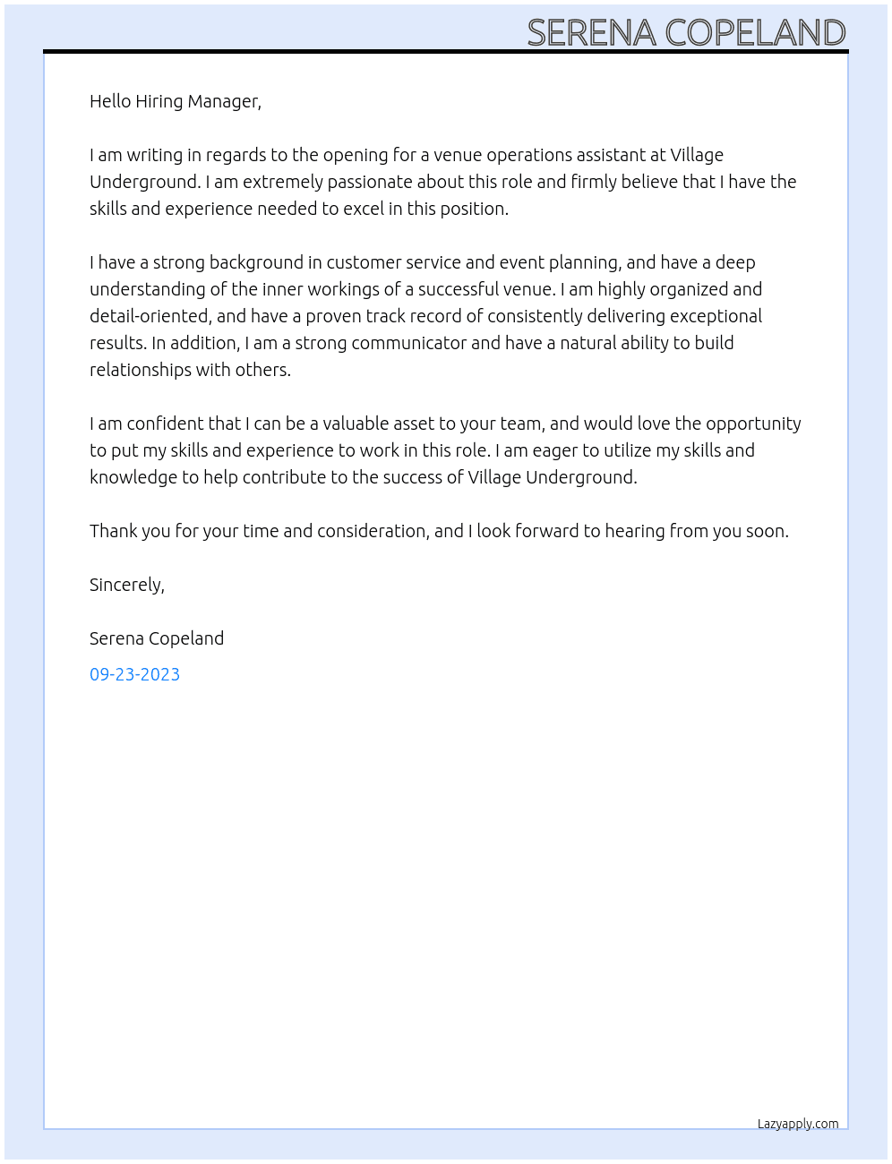 venue operations assistant At Village Underground Cover Letter