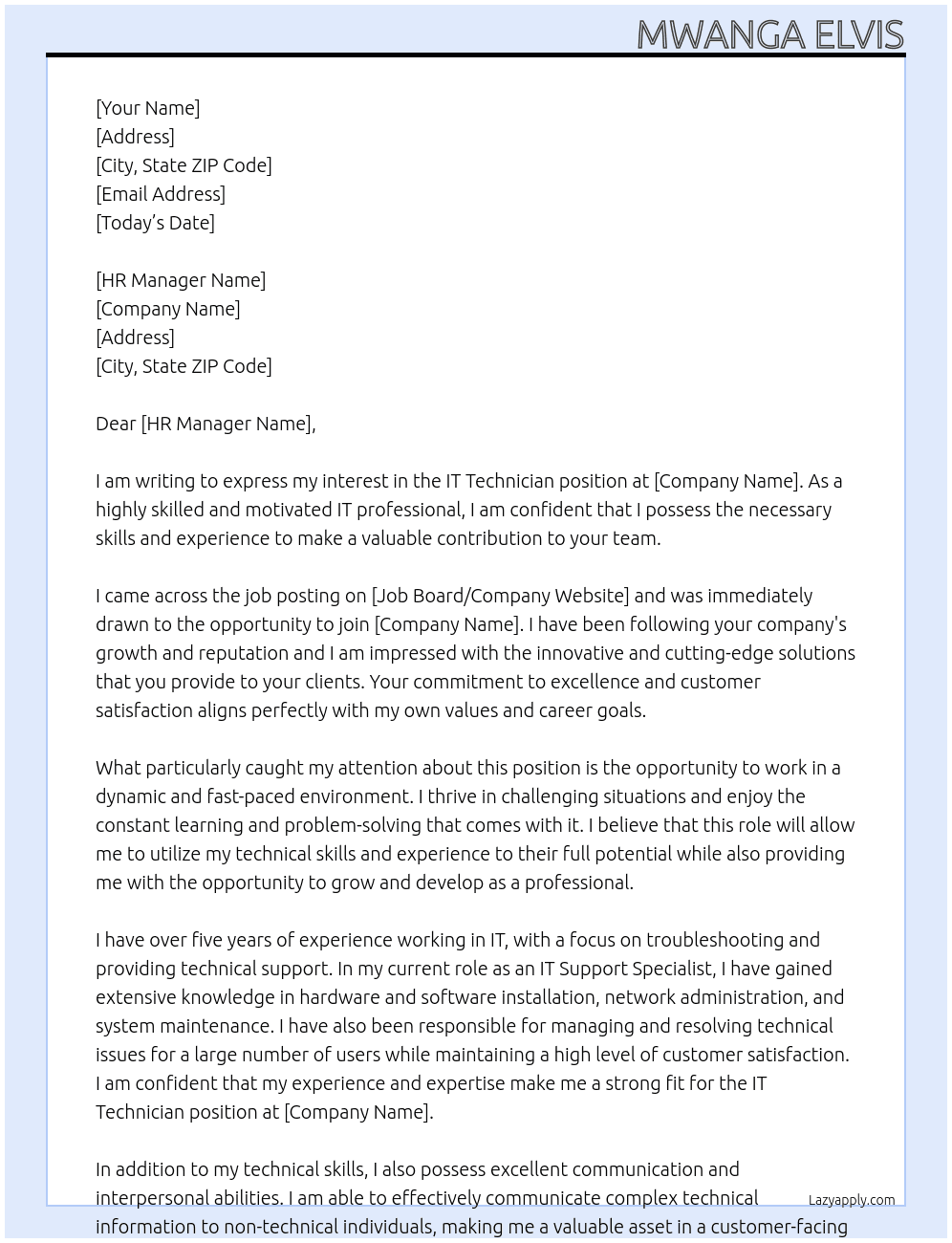 it technician At onjobcenter Cover Letter