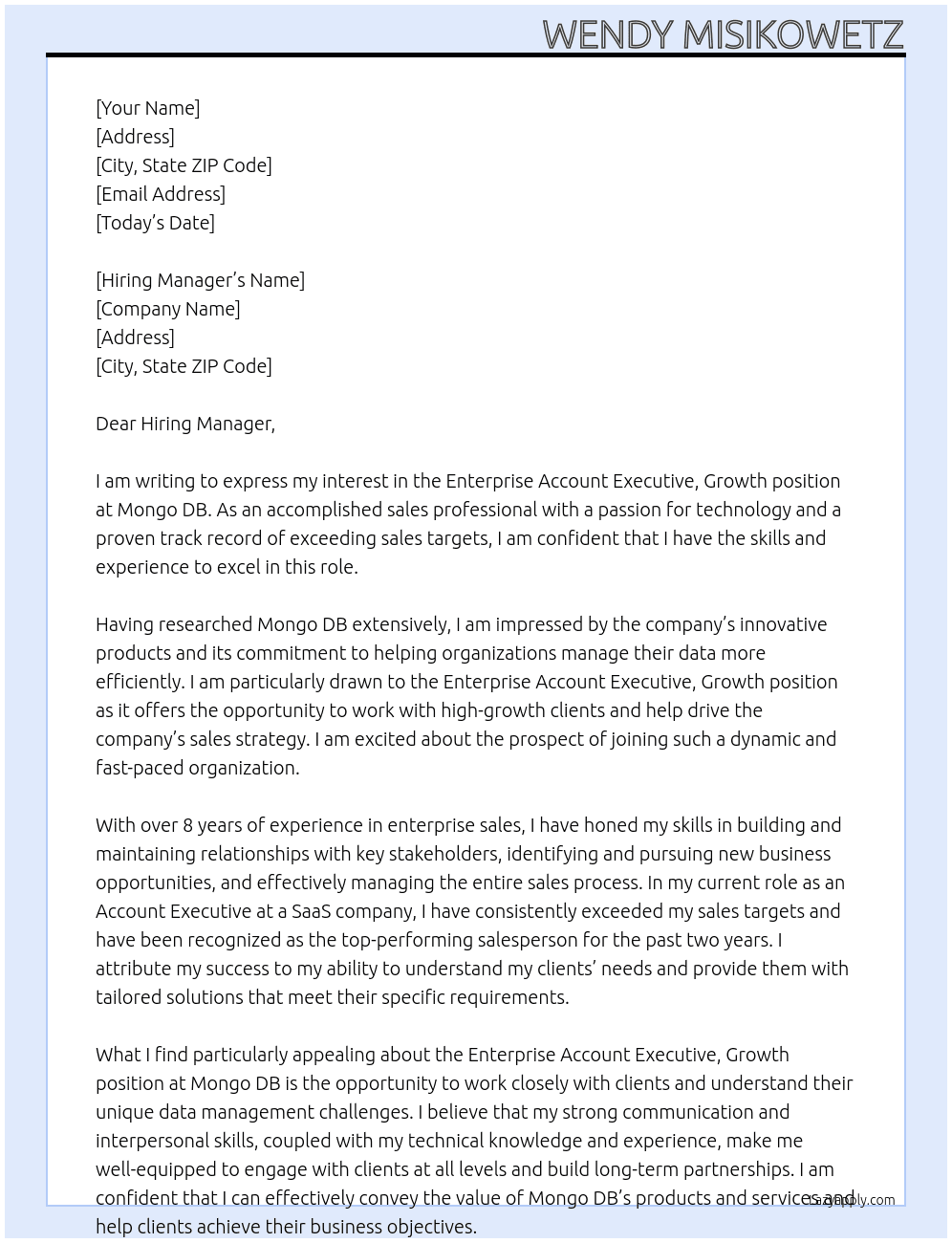 Enterprise Account Executive, Growth At Mongo DB Cover Letter