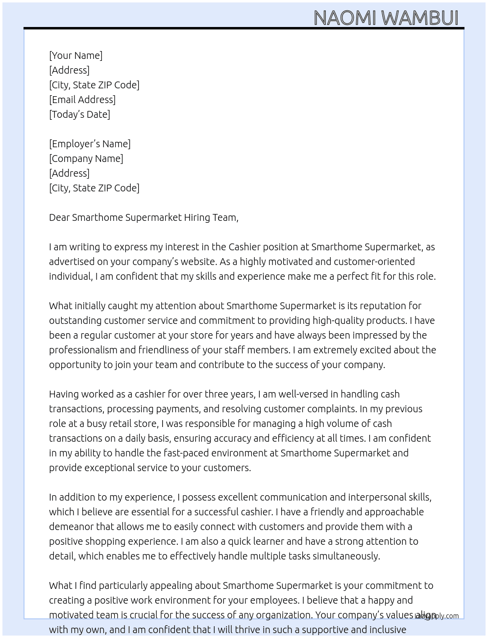 cashier position At NAOMI WAMBUI  Cover Letter