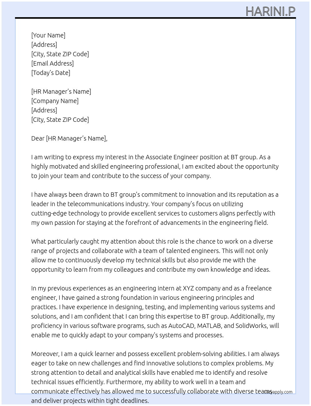 Associate engineer  At BT group Cover Letter