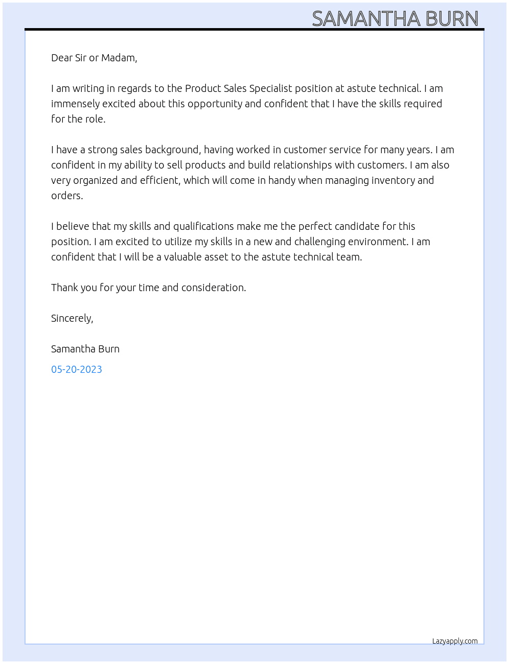 Product Sales Specialist  At astute technical Cover Letter