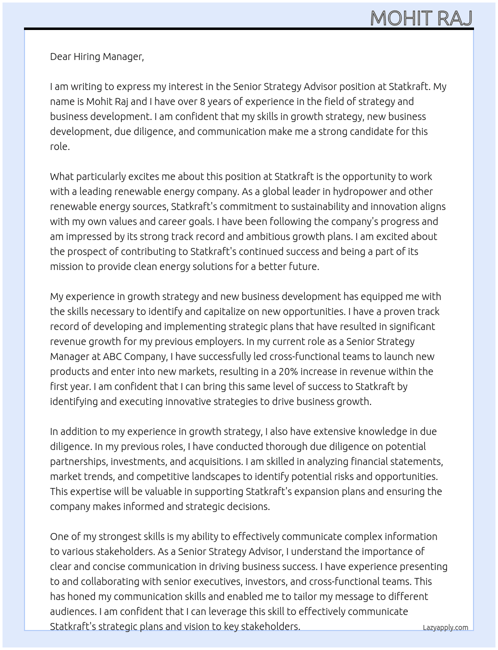 Senior Strategy Advisor At Statkraft Cover Letter