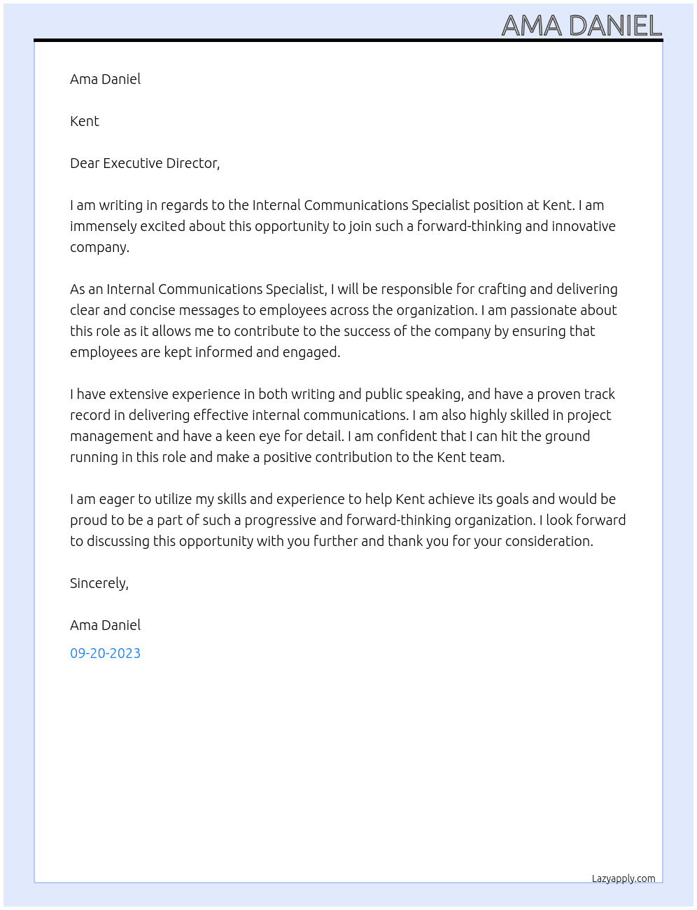 Internal Communications Specialist At Kent Cover Letter