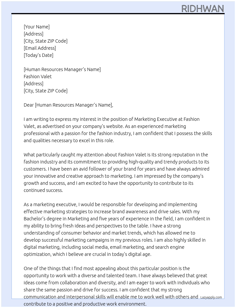 marketing executive At fashion valet Cover Letter