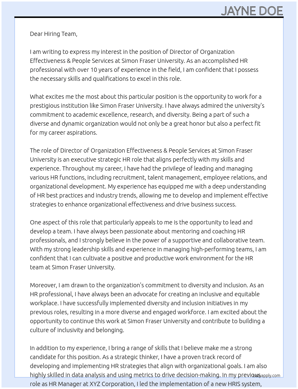 Director of Organization Effectiveness & People Services At Simon Fraser University Cover Letter