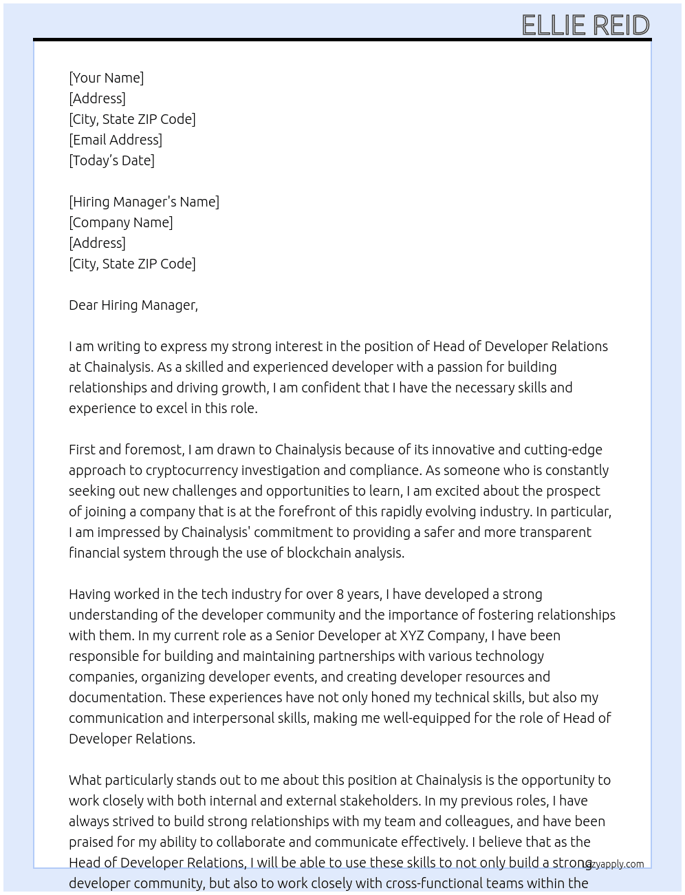 Head of Developer Relations At Chainalysis  Cover Letter