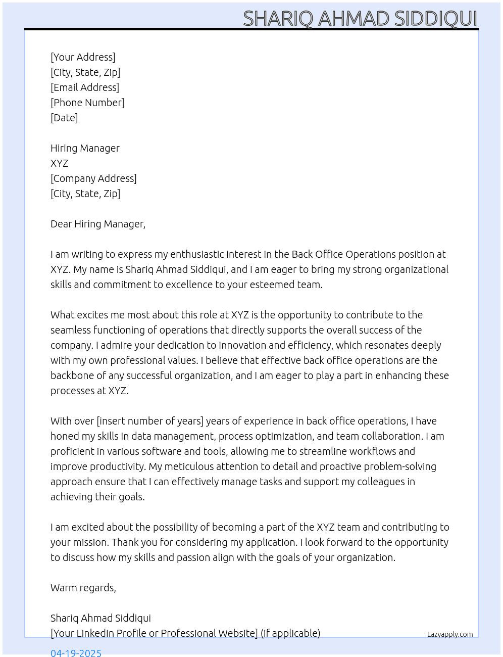 Cover letter for back office operations - LazyApply
