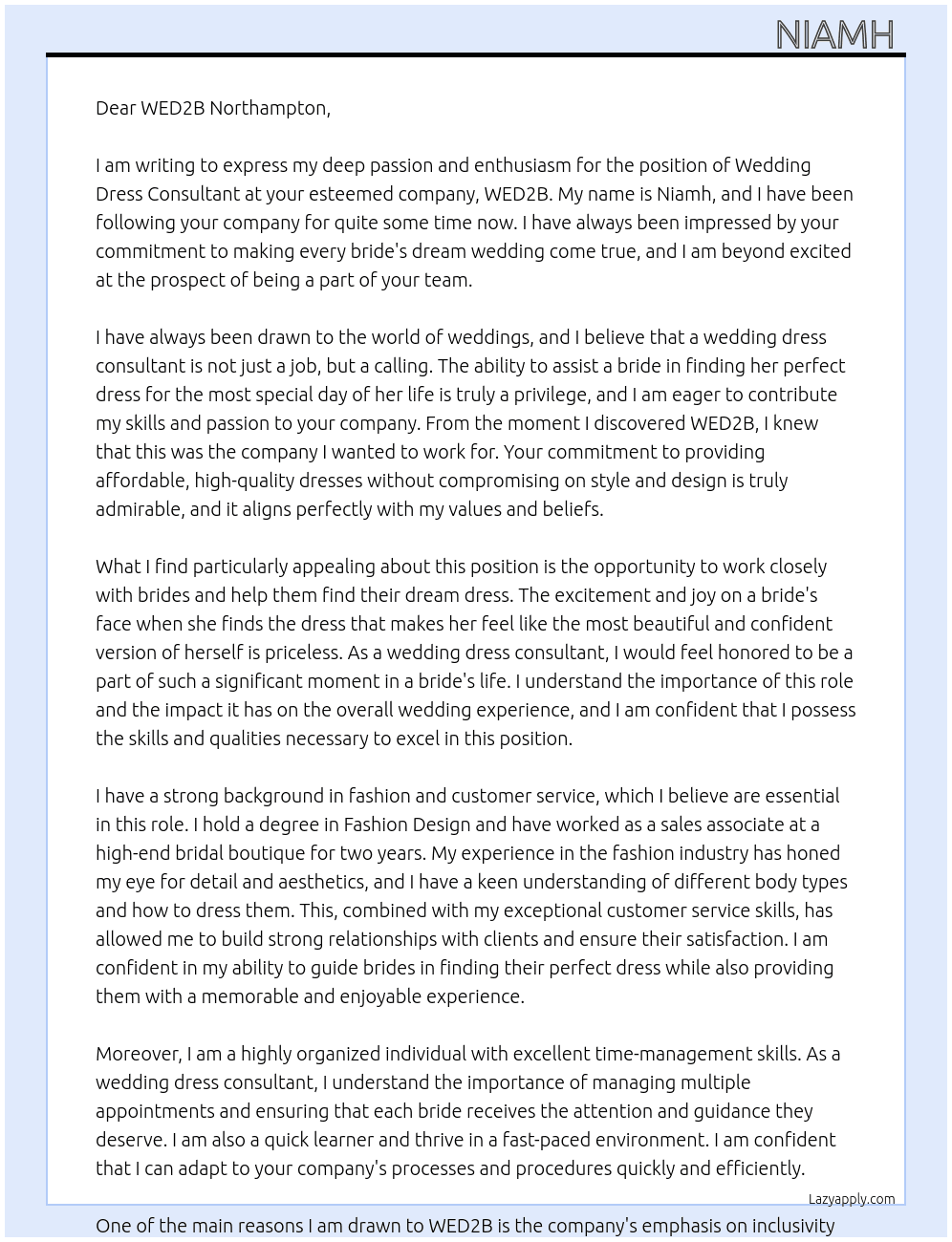 Wedding Dress Consultant  At WED2B Cover Letter