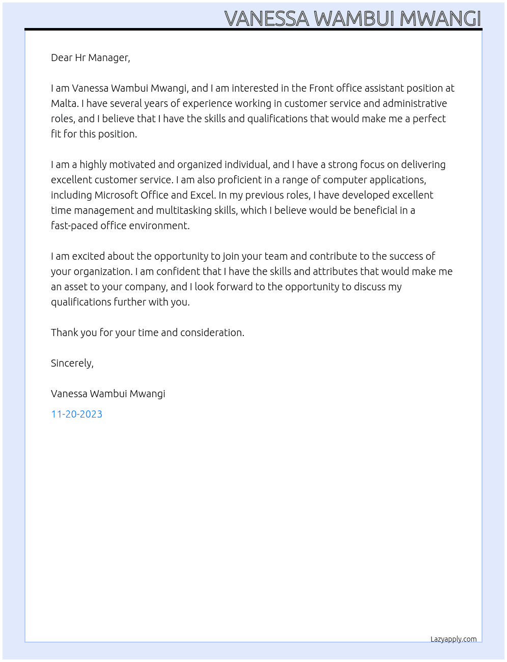 Front office assistant  At Malta Cover Letter