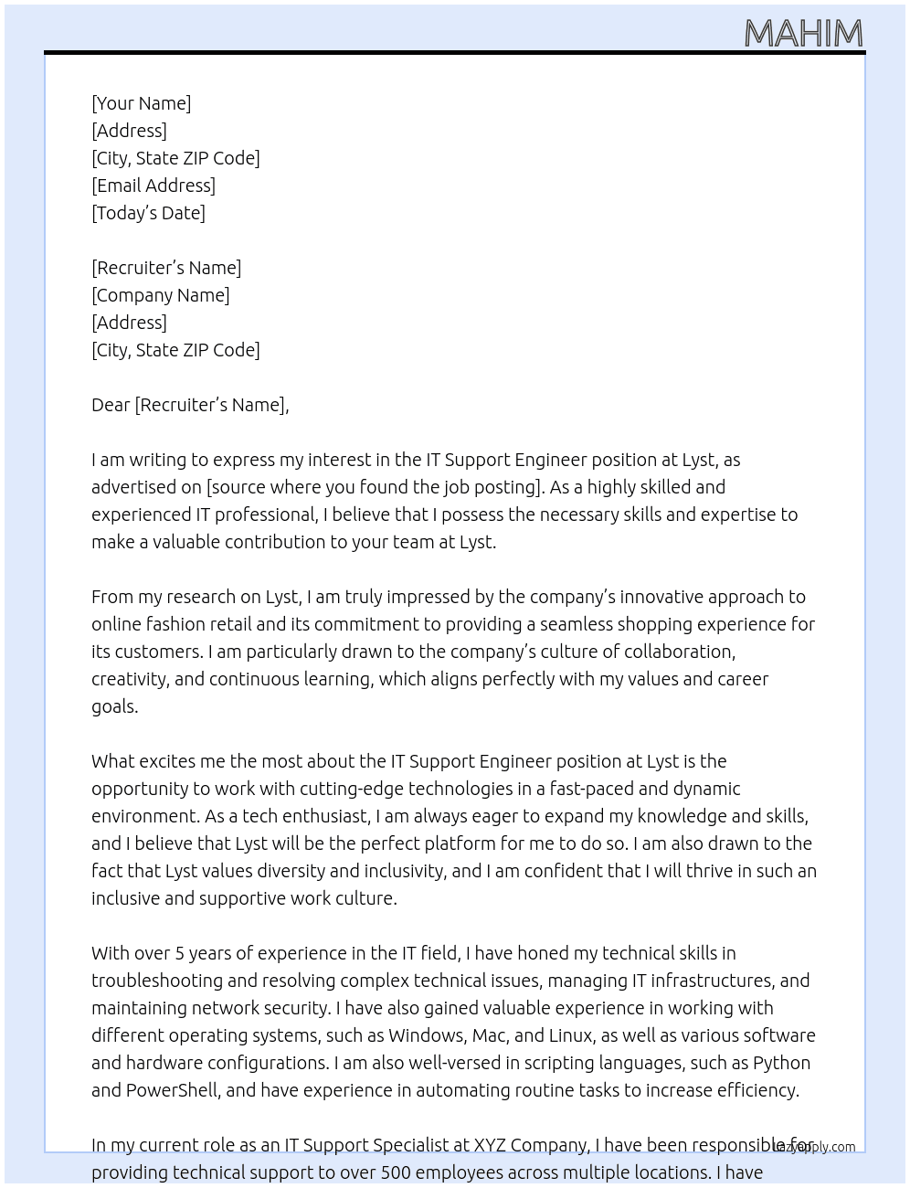 IT Support Engineer At Lyst Cover Letter