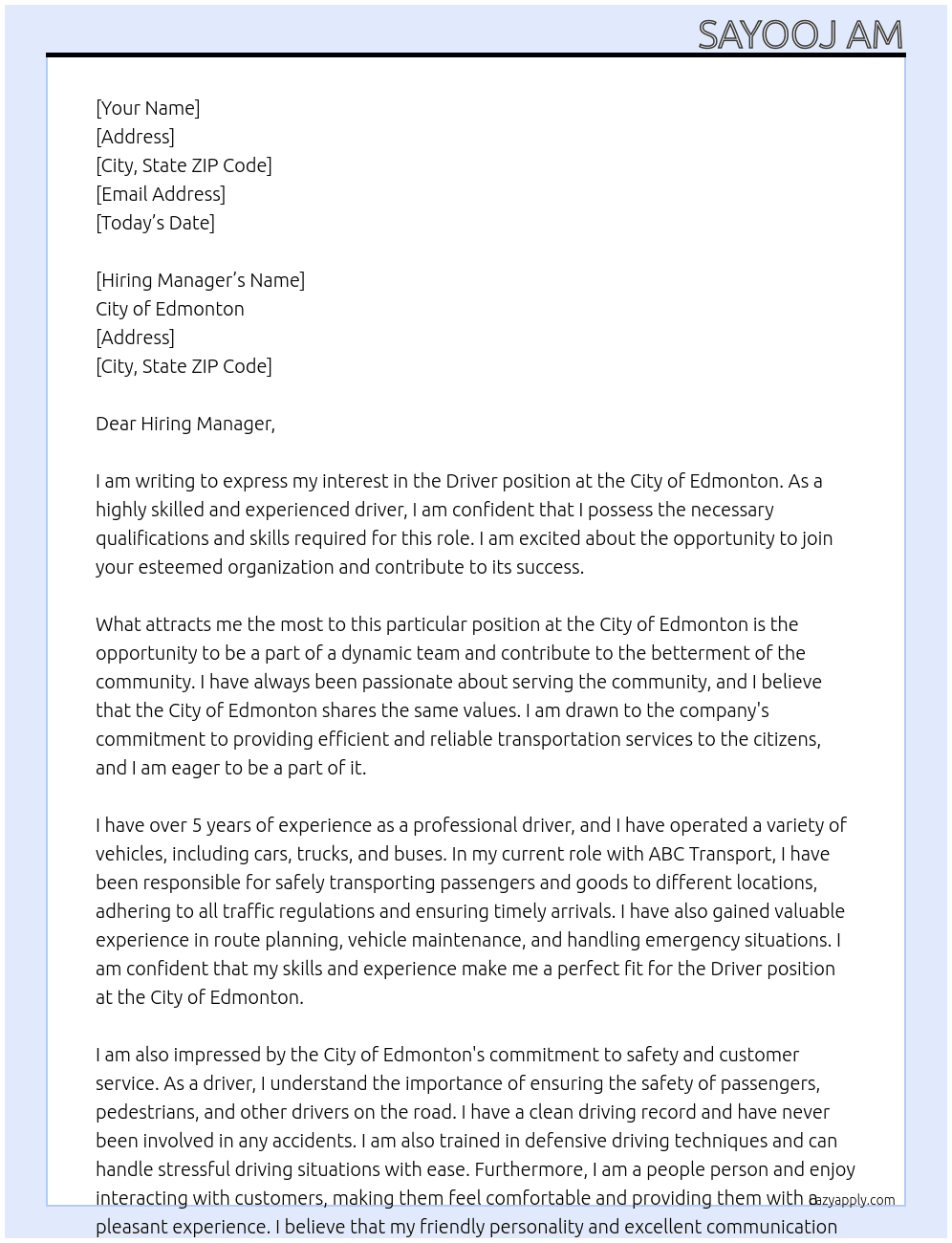 Driver At City of Edmonton Cover Letter