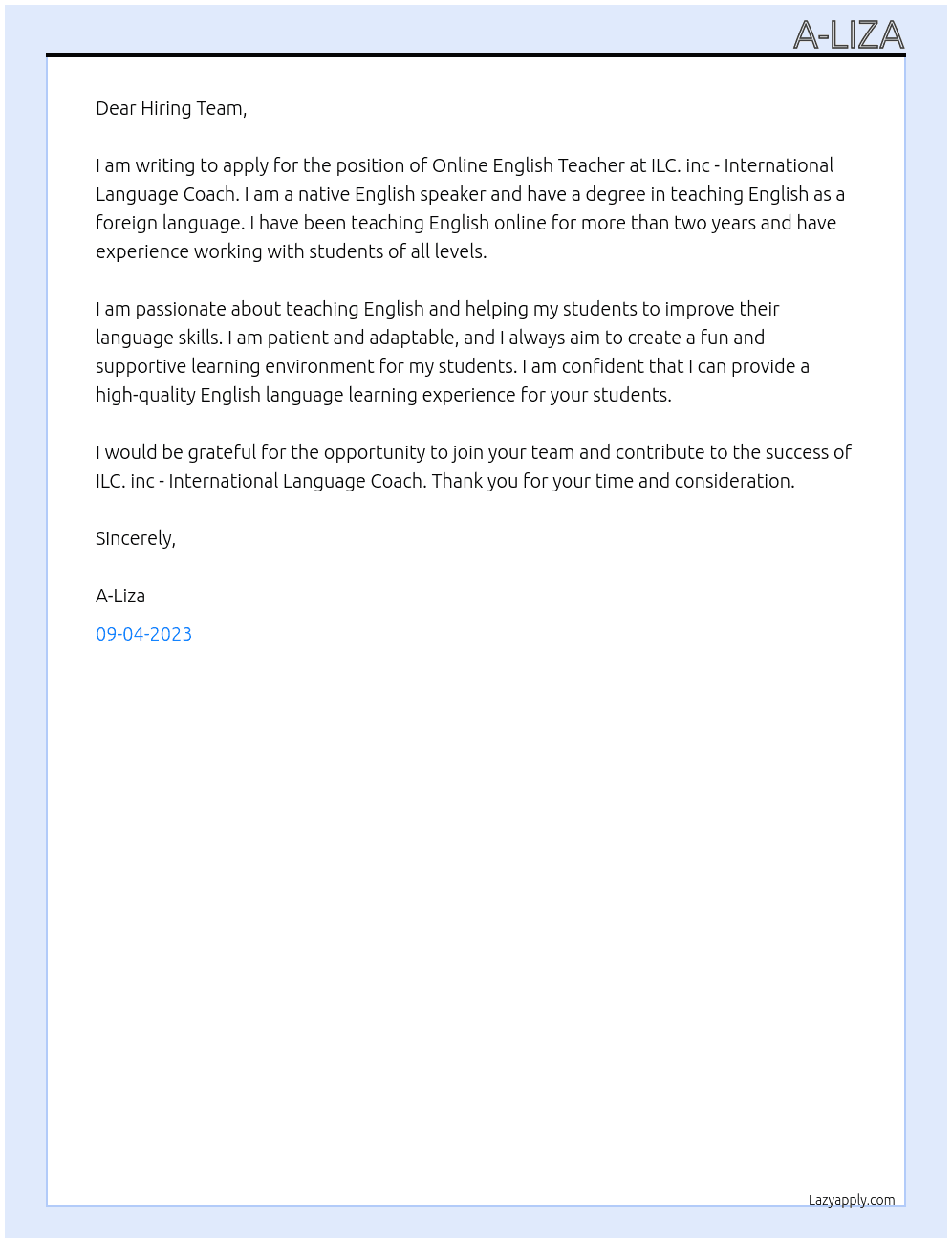 Online English Teacher At  ILC. inc - International Language Coach Cover Letter