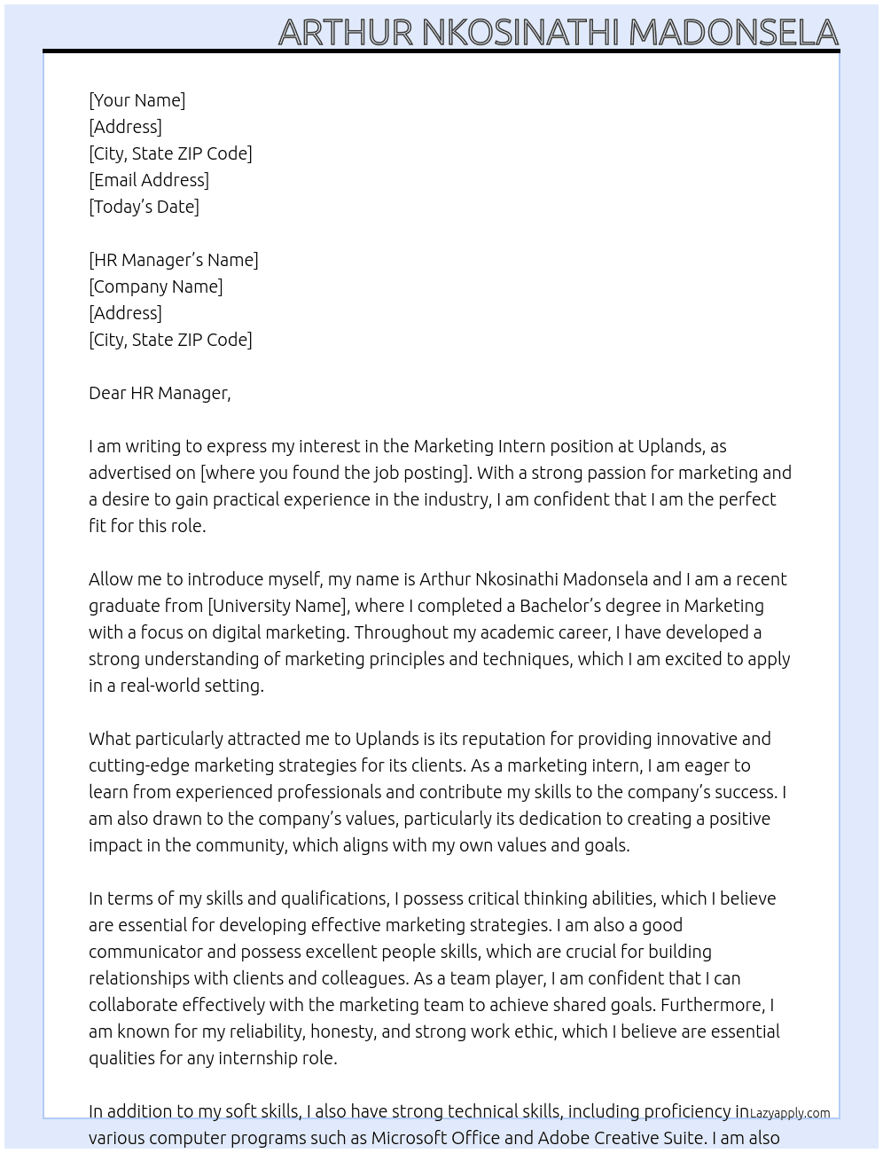 Marketing intern At Uplands Cover Letter