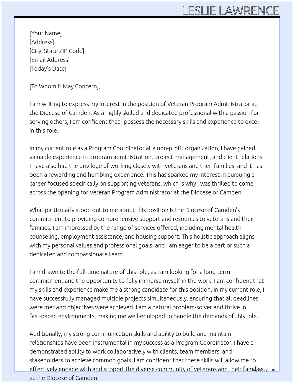 Veteran Program Administrator At Diocese of Camden Cover Letter
