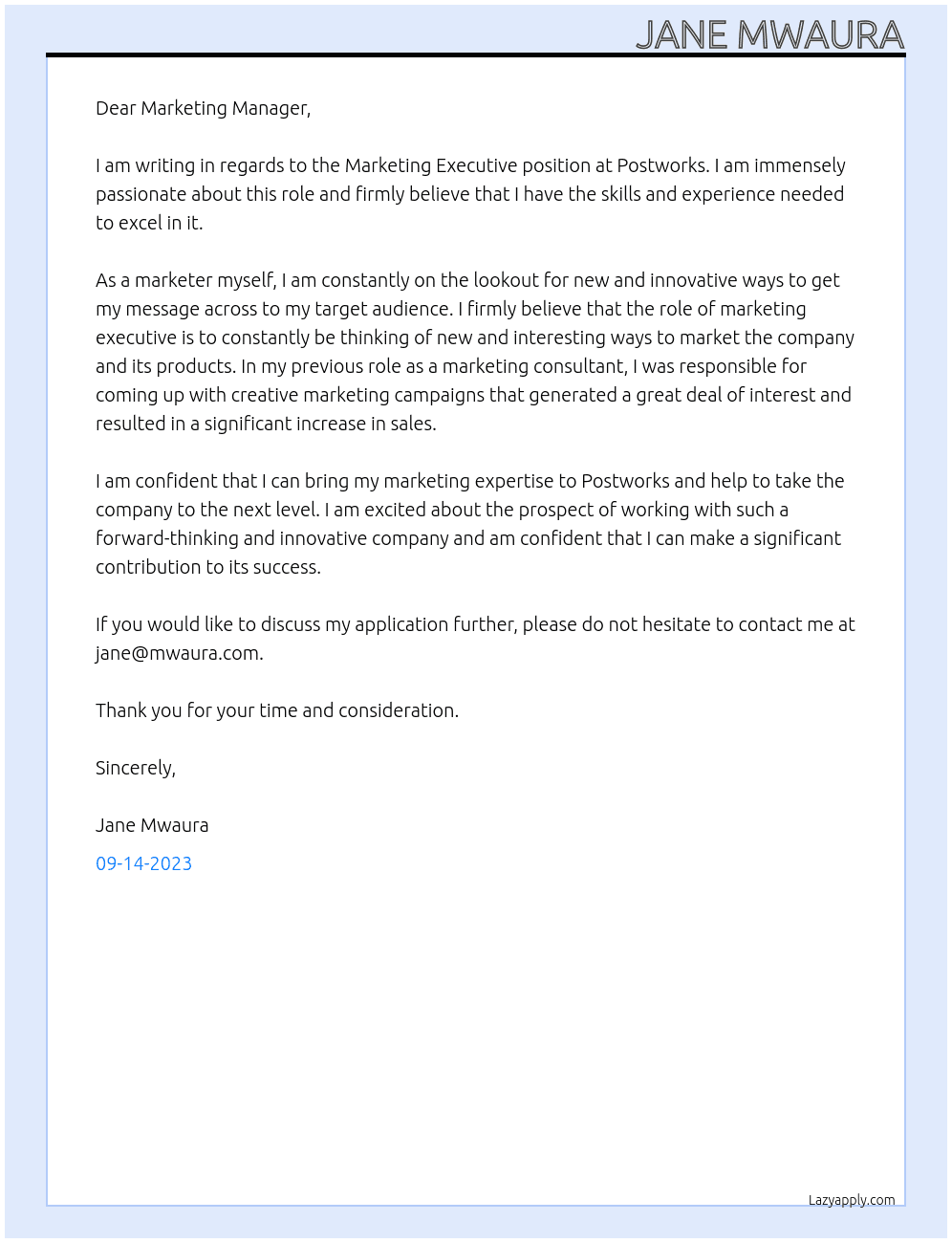 Marketing Executive  At Postworks Cover Letter