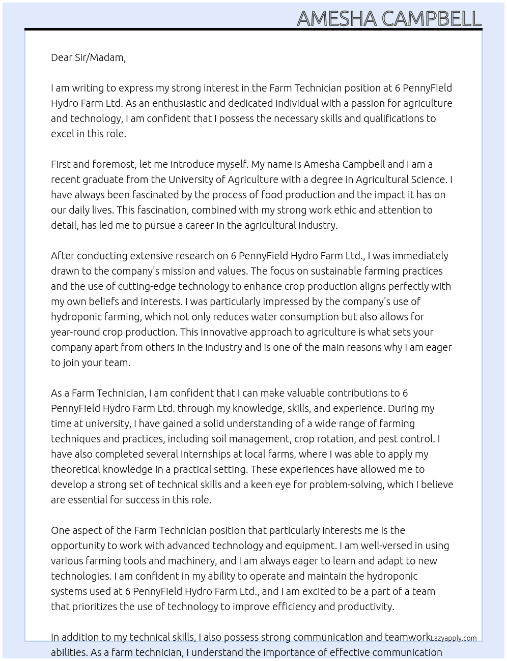 Farm technician At 6 PennyField Hydro Farm Ltd. Cover Letter