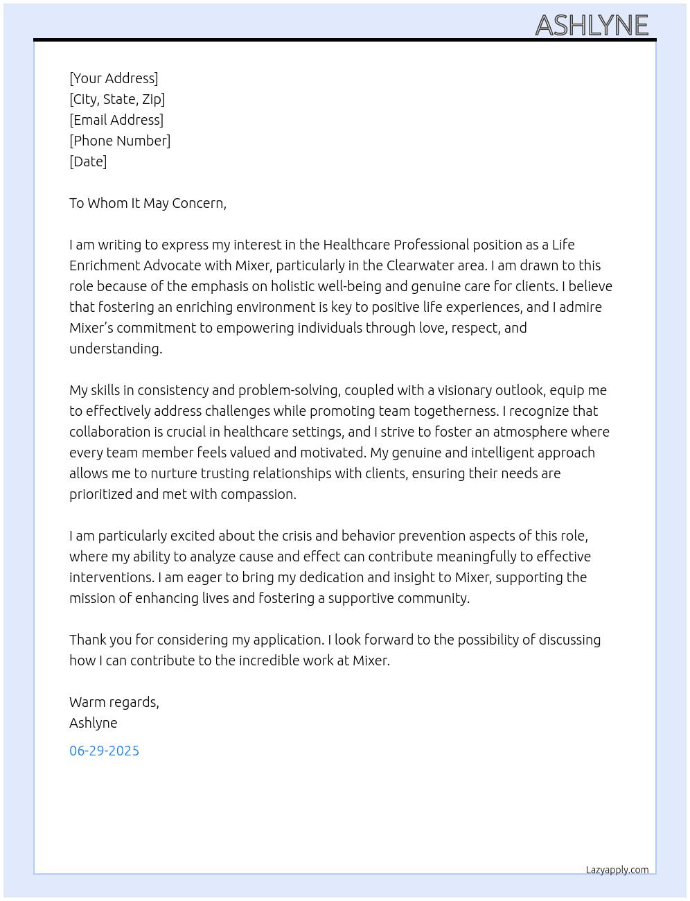 Cover letter for healthcare professional - LazyApply
