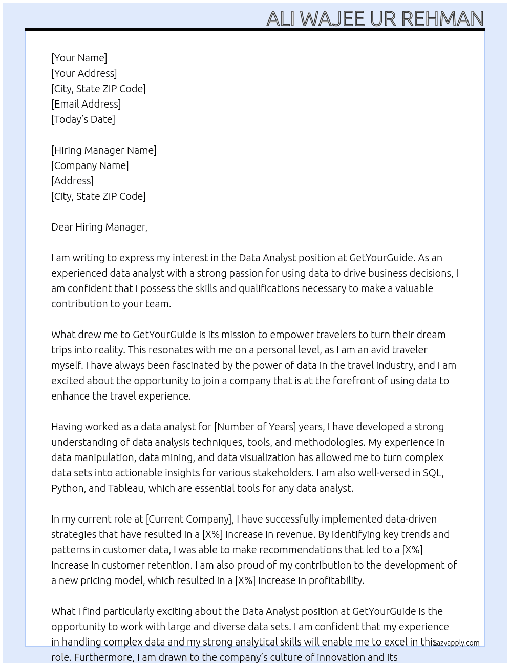 Data Analyst At GetYourGuide Cover Letter