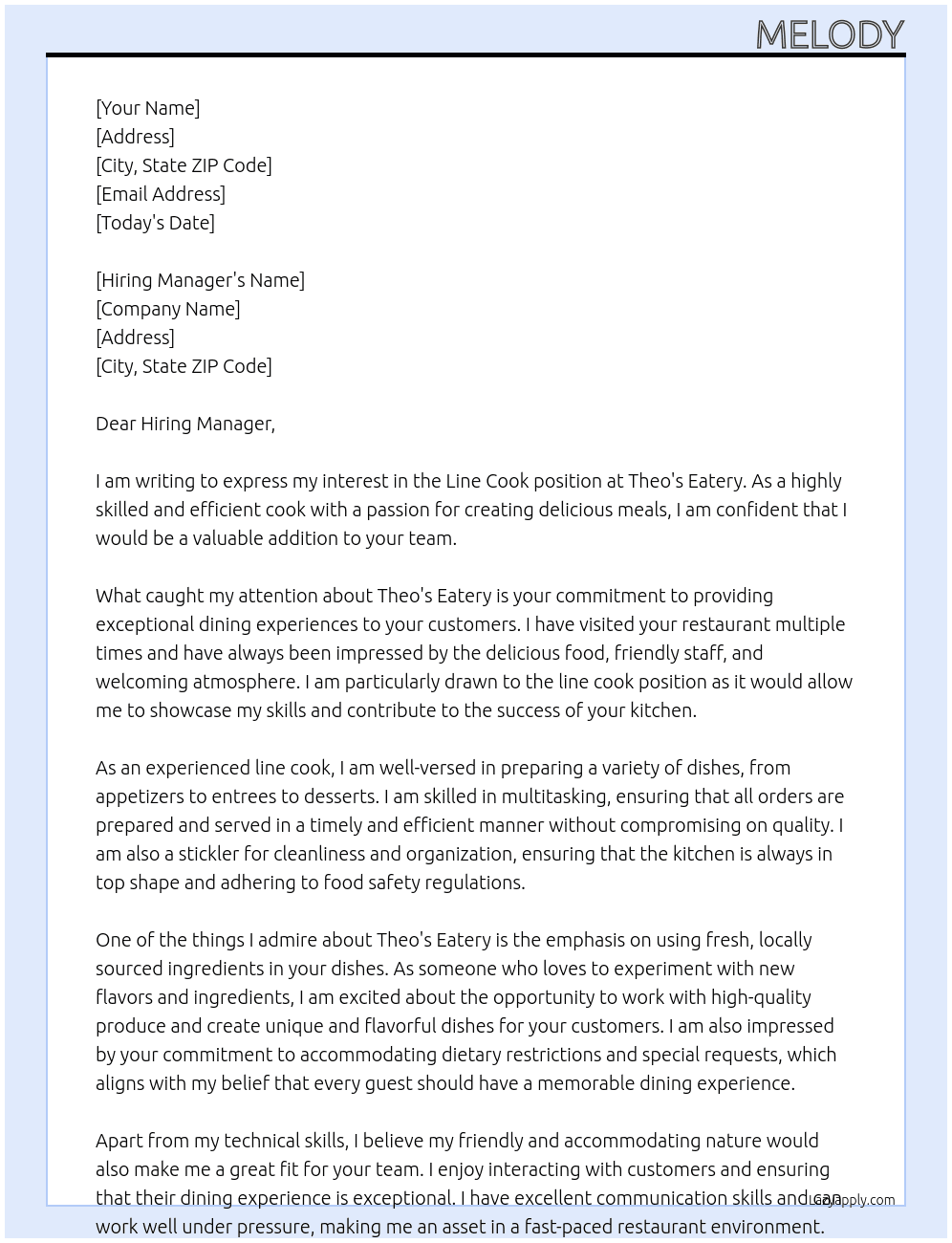 Line Cook At Theo's Eatery  Cover Letter