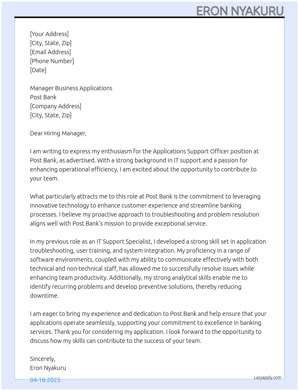 APPLICATIONS SUPPORT OFFICER At Post Bank Cover Letter