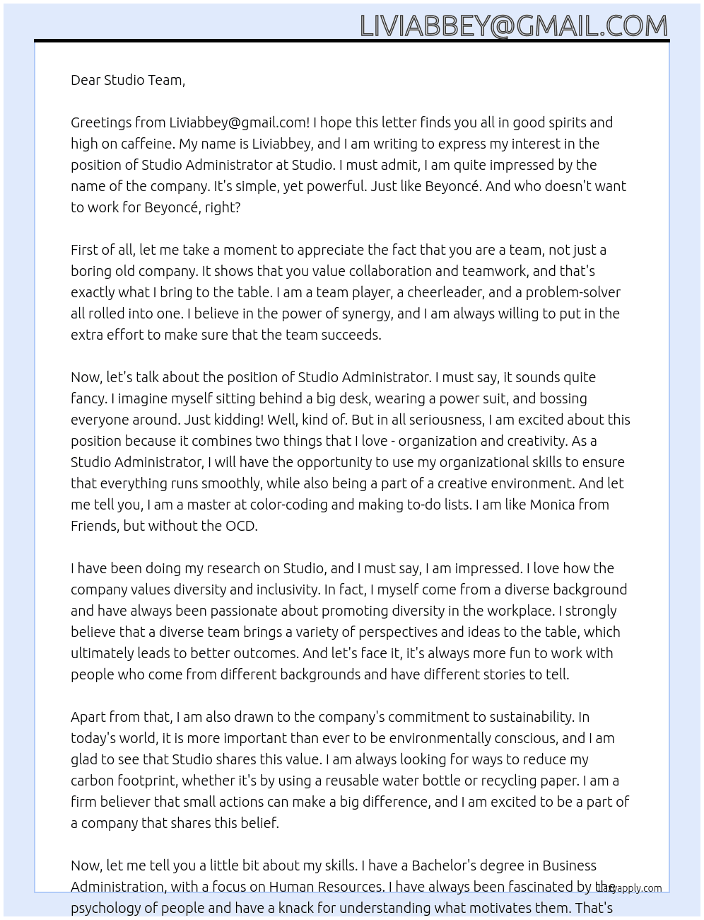 Studio Administrator  At Studio Cover Letter