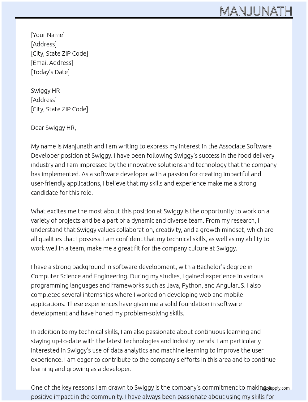 Associate Software Developer At Swiggy Cover Letter