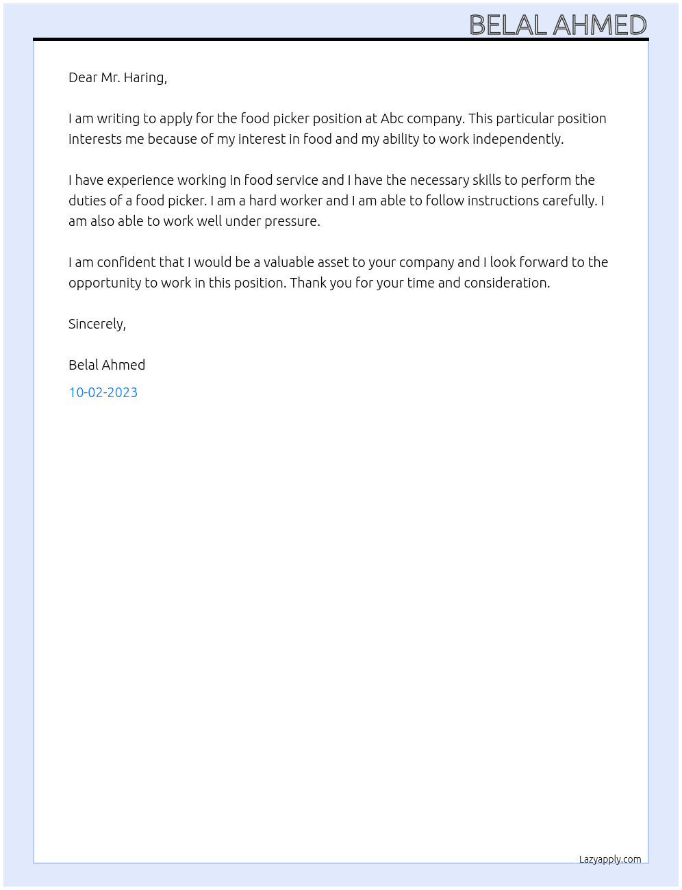 Food picker  At Abc company  Cover Letter