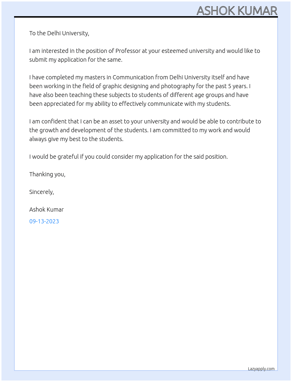 Professor  At Delhi University  Cover Letter