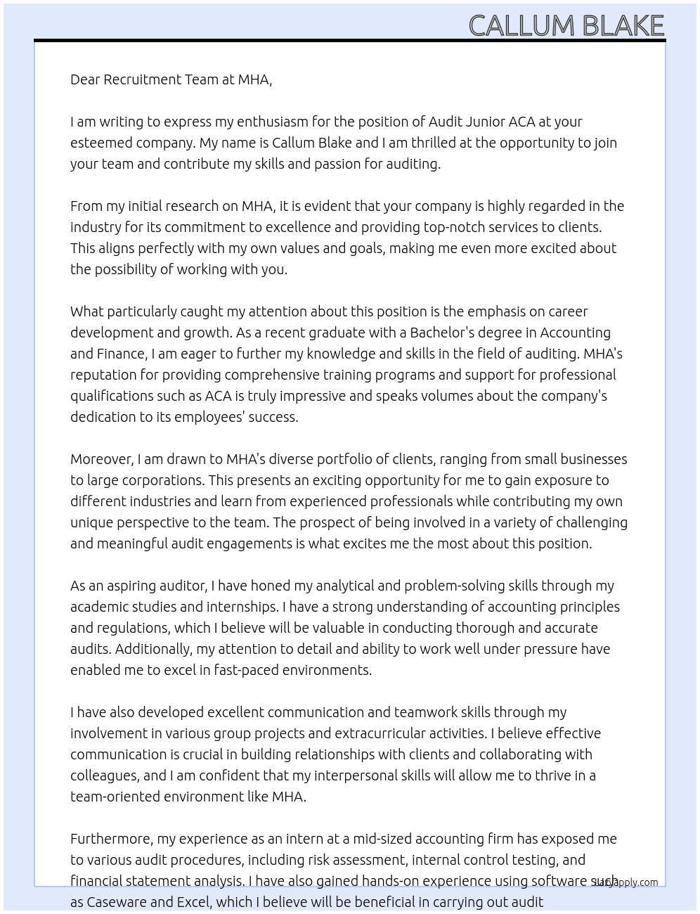 Audit Junior ACA At MHA Cover Letter