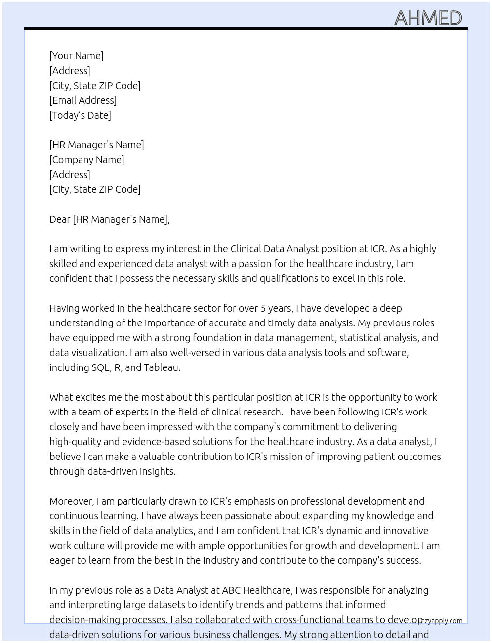 clinical data analyst At ICR Cover Letter