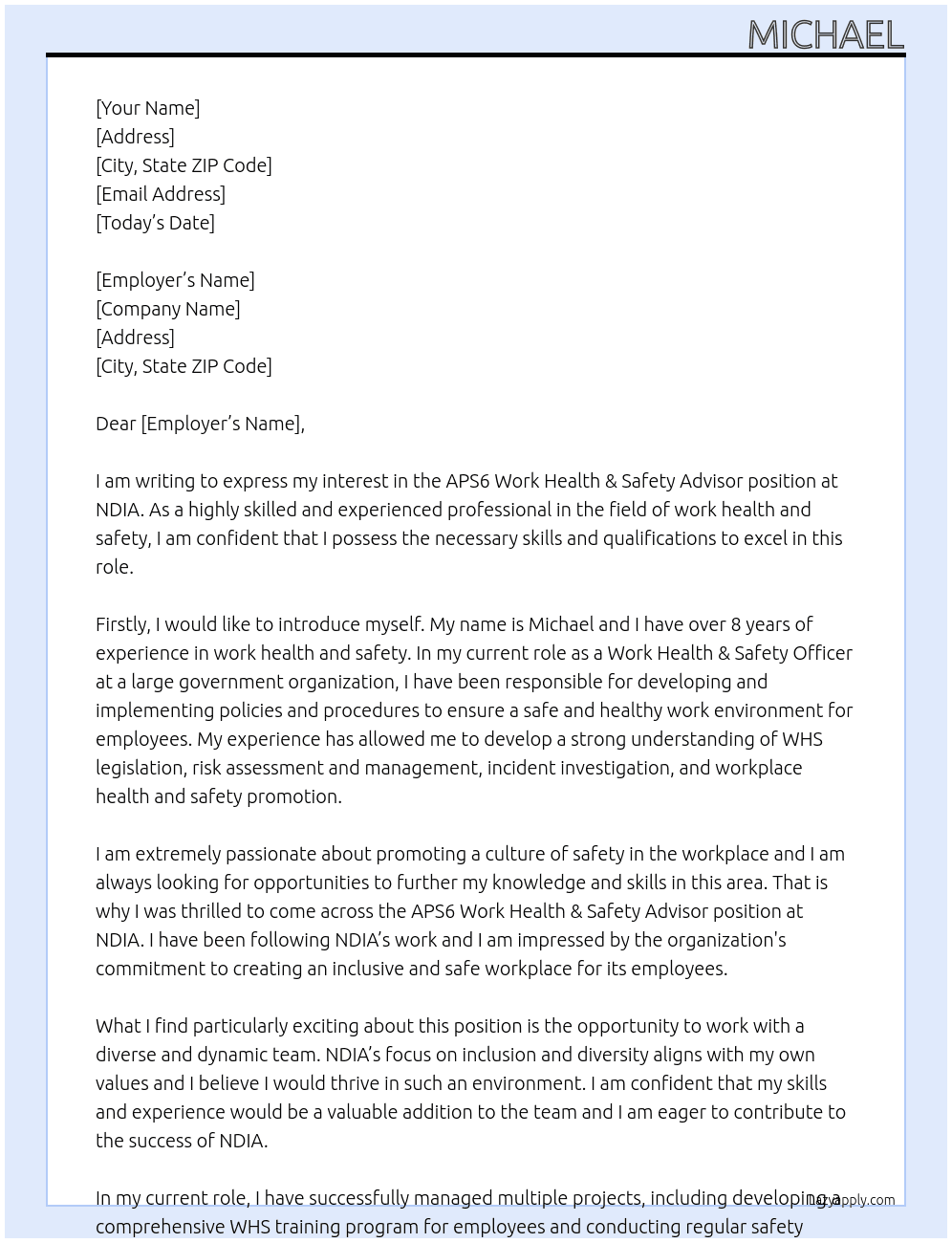 APS6 Work Health & Safety Advisor At NDIA Cover Letter