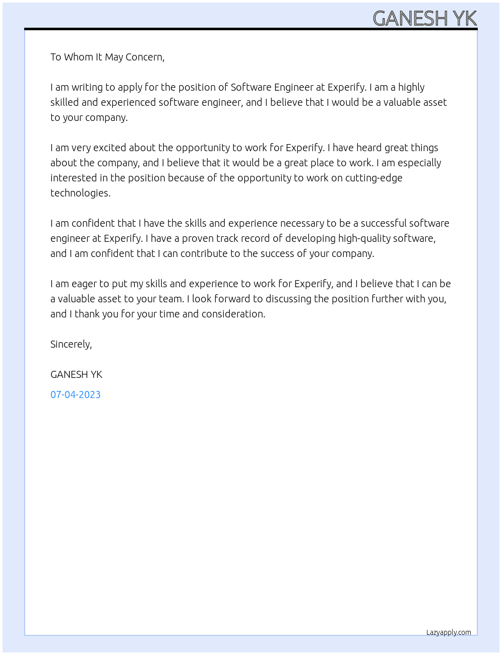 Software Engineer  At Experify Cover Letter