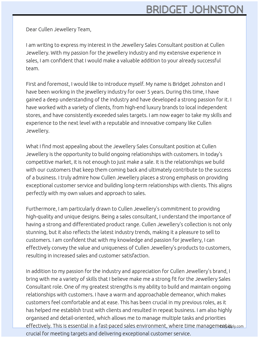 Jewellery Sales Consultant At Cullen Jewellery  Cover Letter
