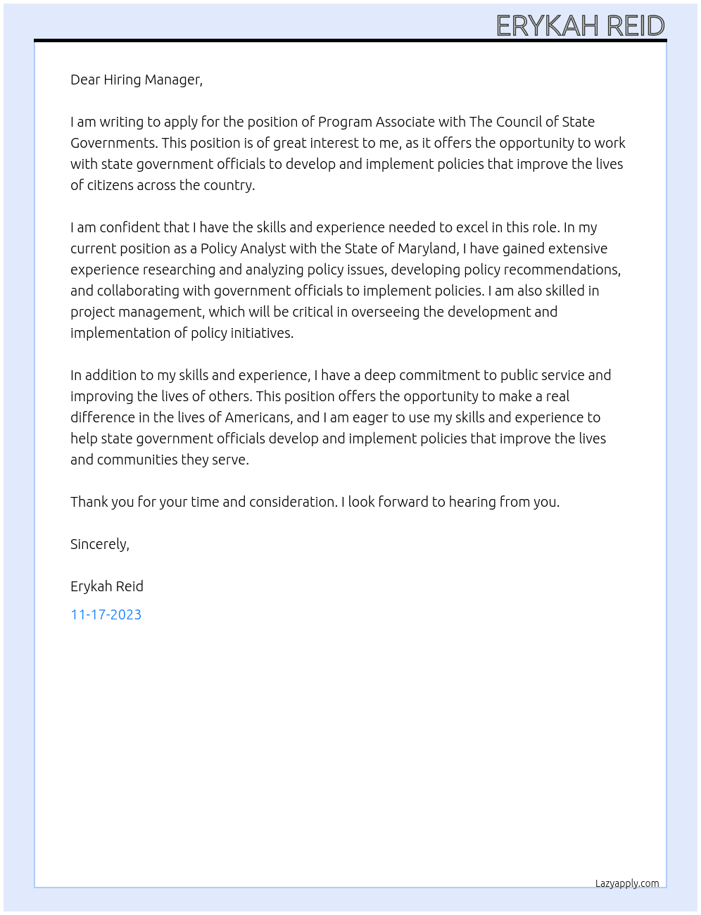 Program Associate  At The Council of State Governments Cover Letter