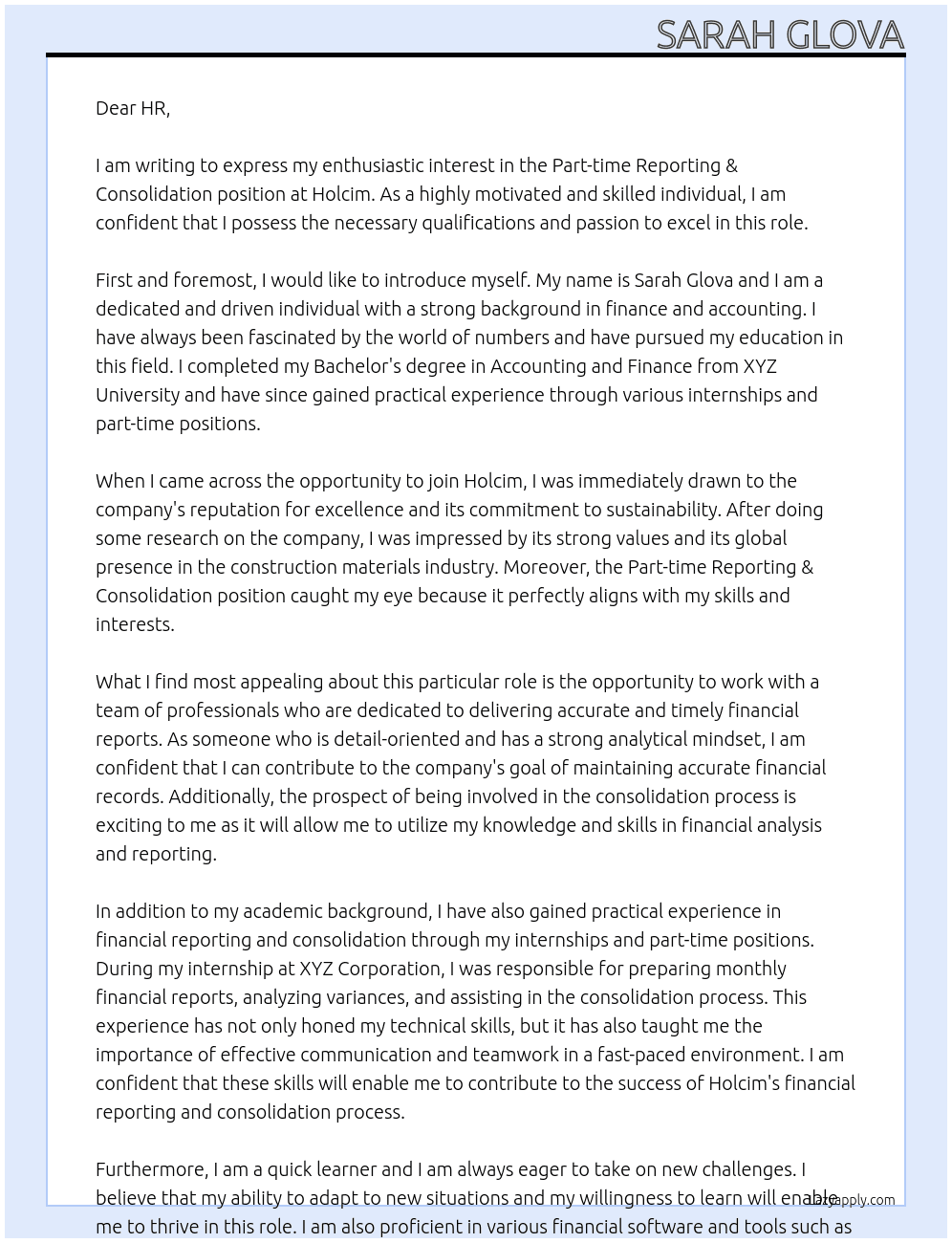 Part time: Reporting & Consolidation  At Holcim Cover Letter
