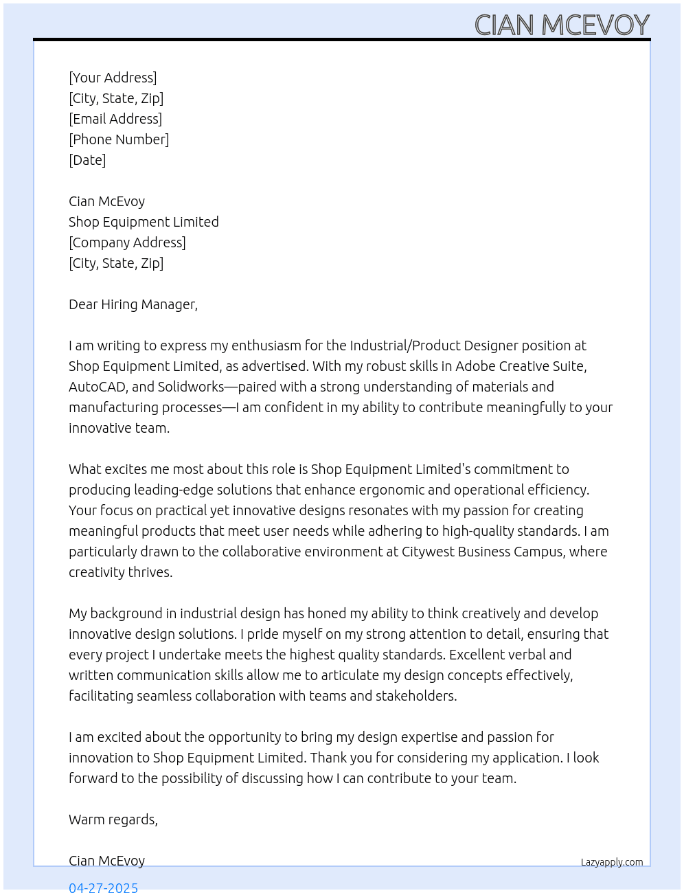 Industrial/ Product Designer At Shop Equipment Limited Cover Letter