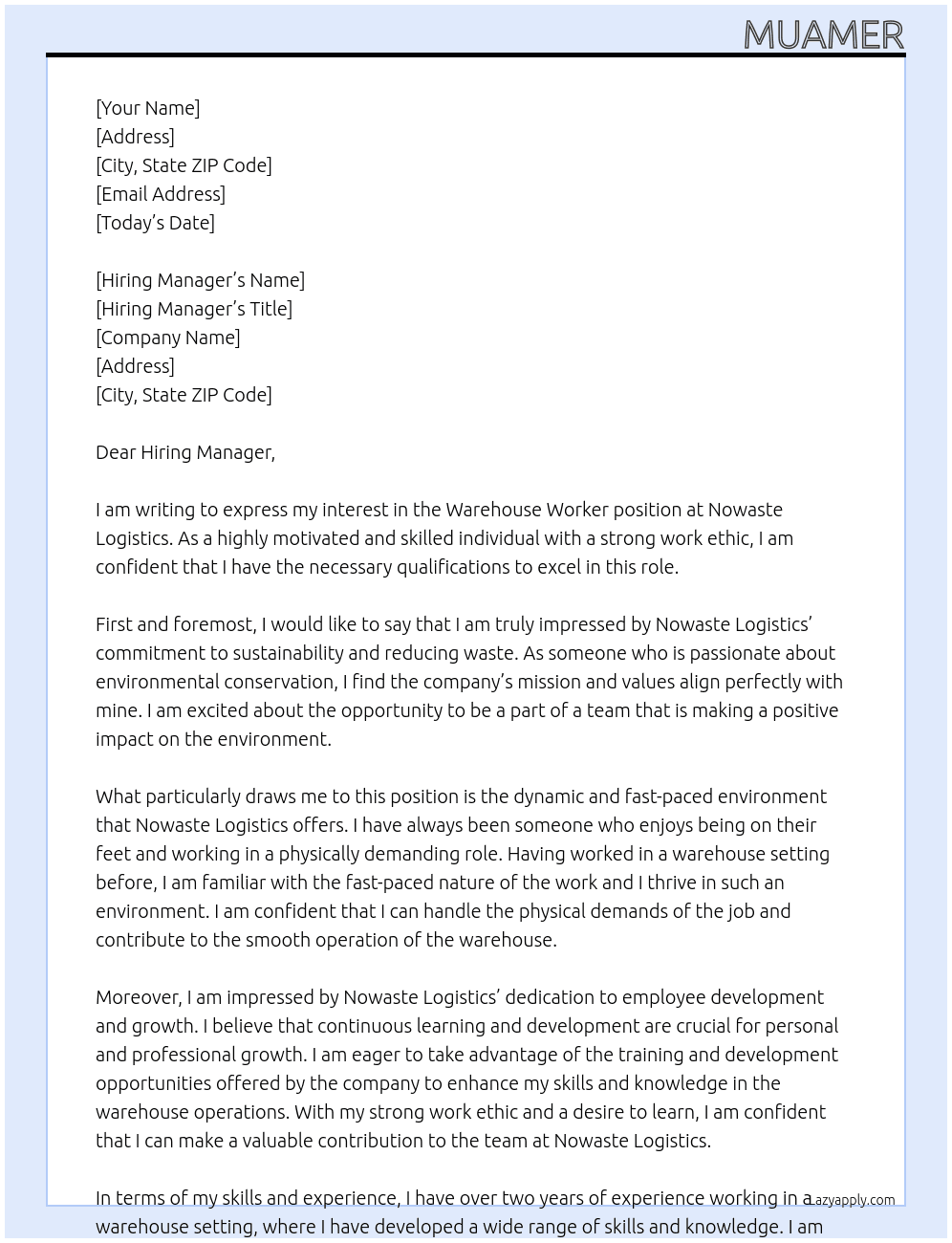 warehouse worker At Nowaste Logistics Cover Letter