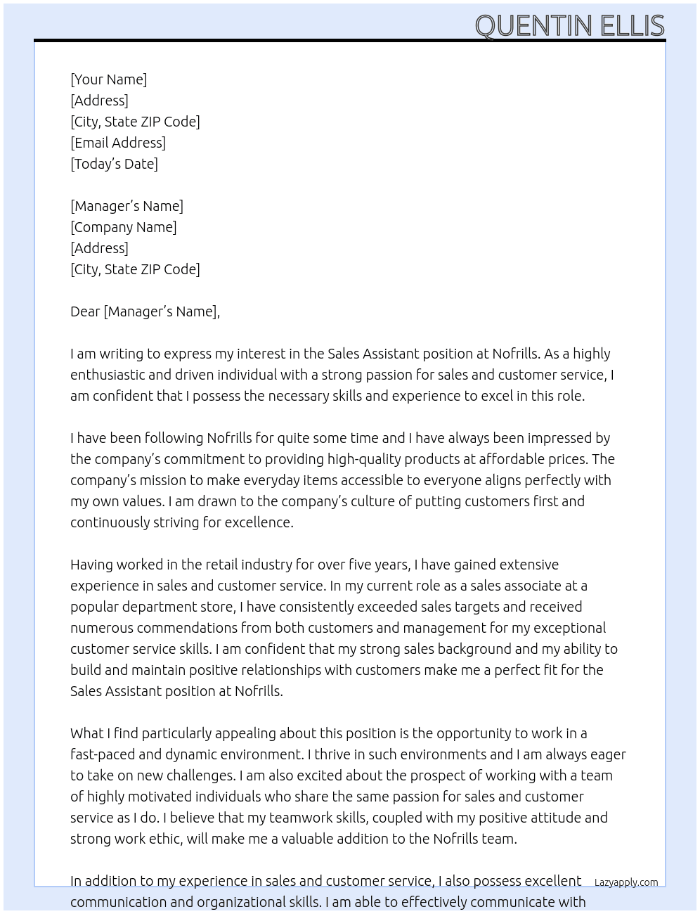 sales assistant At nofrills Cover Letter
