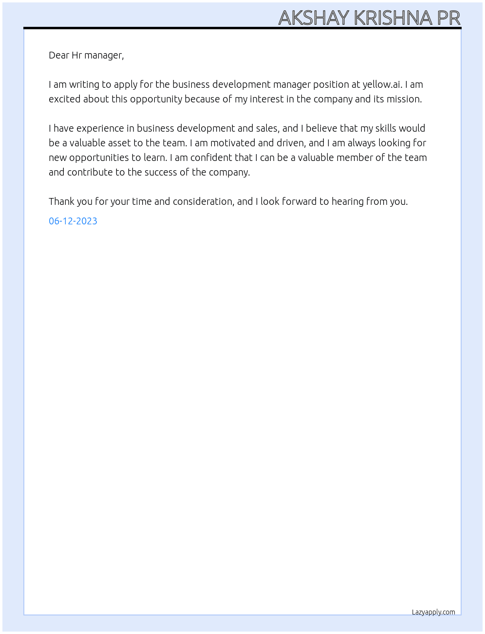 business development manager At yellow.ai Cover Letter