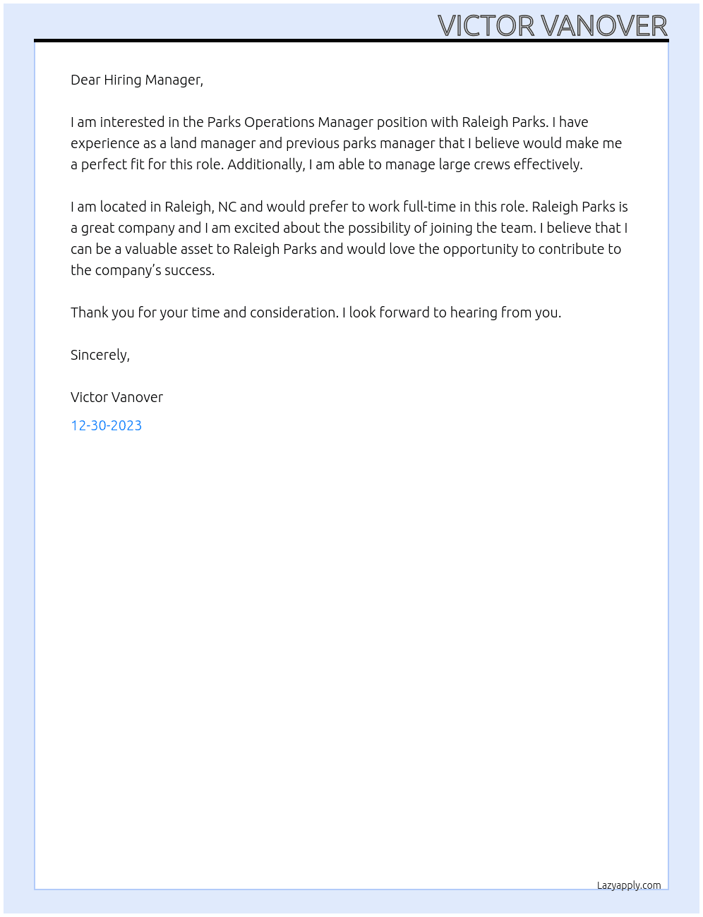 Parks Operations Manager At Raleigh Parks Cover Letter