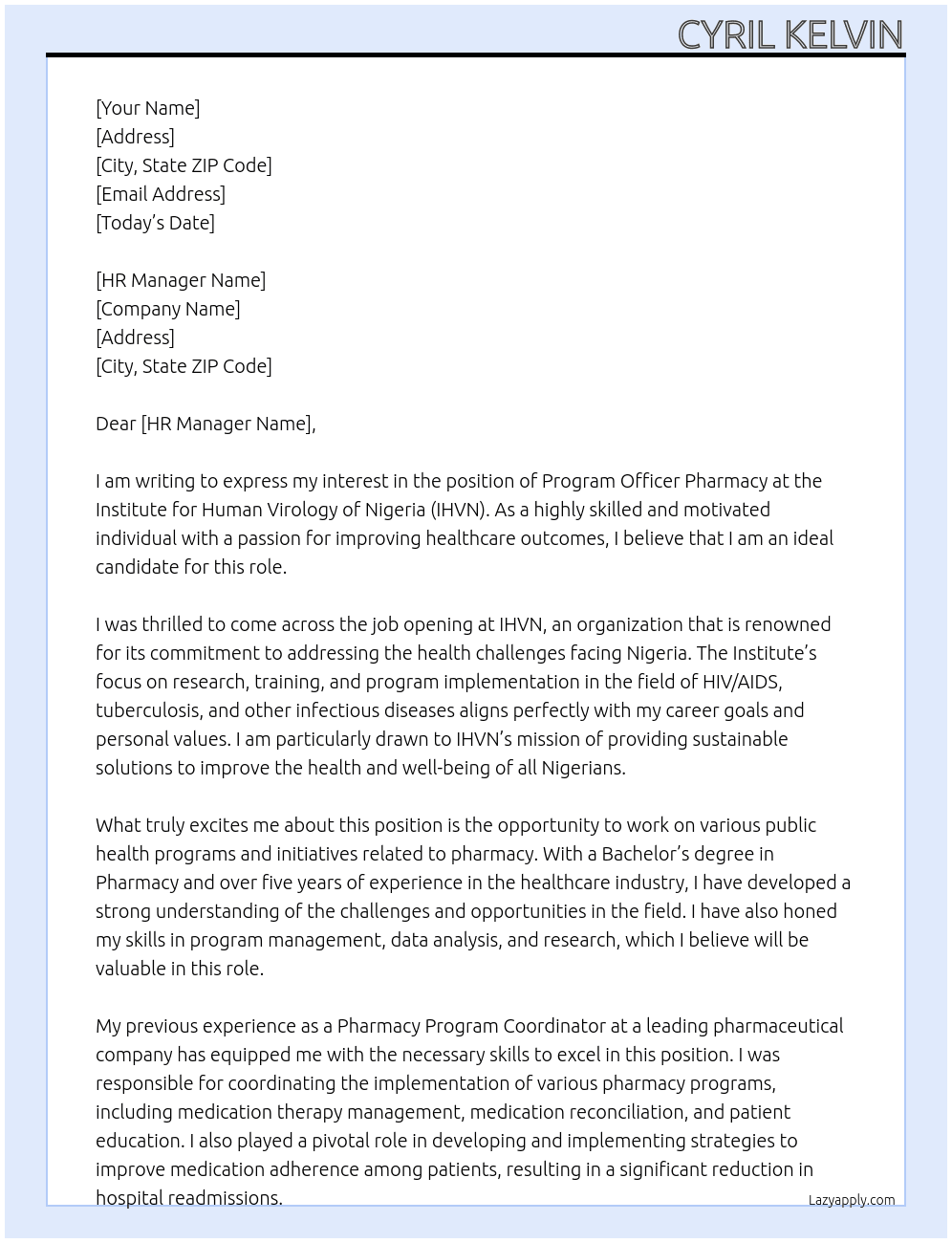Program Officer Pharmacy At Institute for Human Virology of Nigeria IHVN of Cover Letter