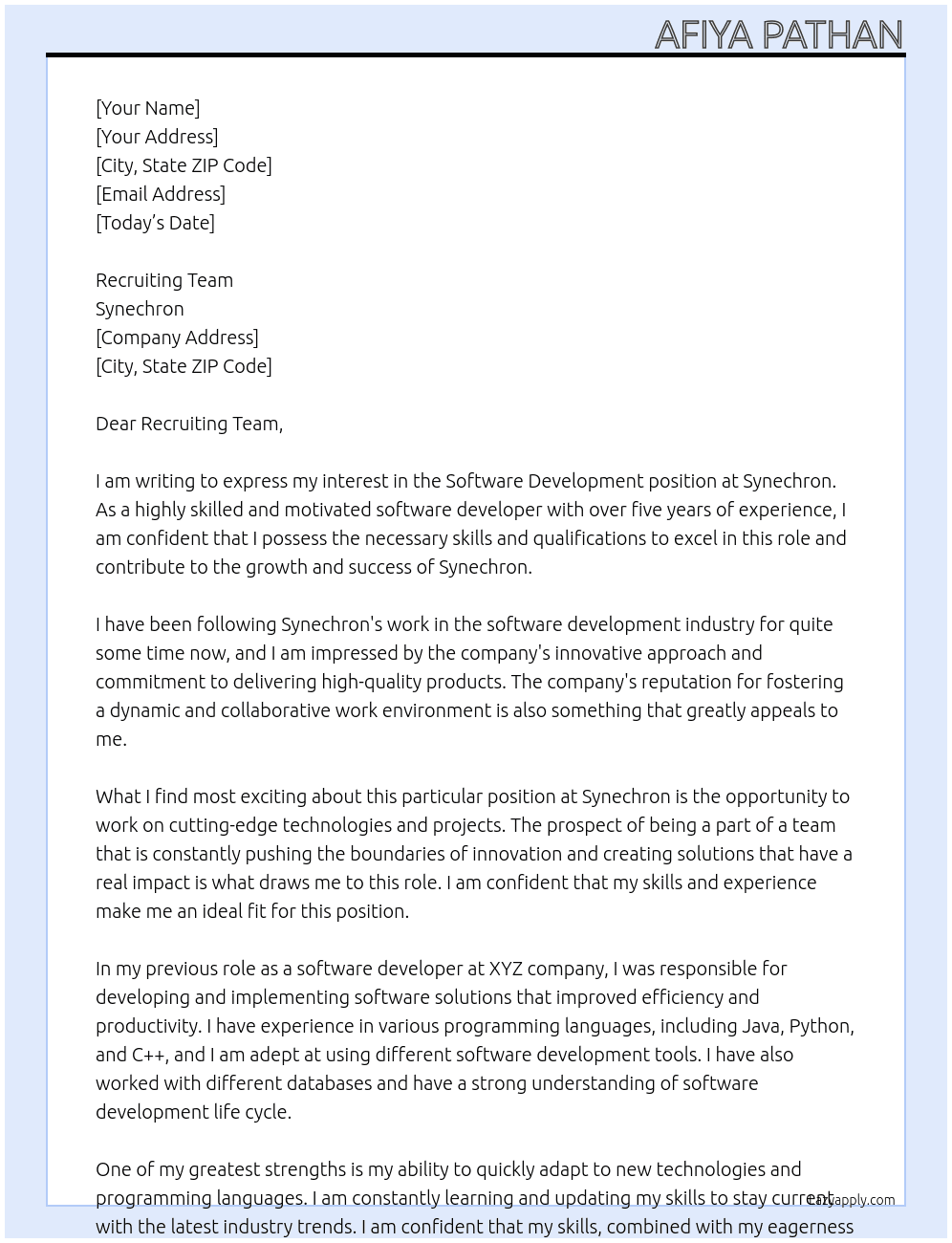 Software Development At Synechron Cover Letter