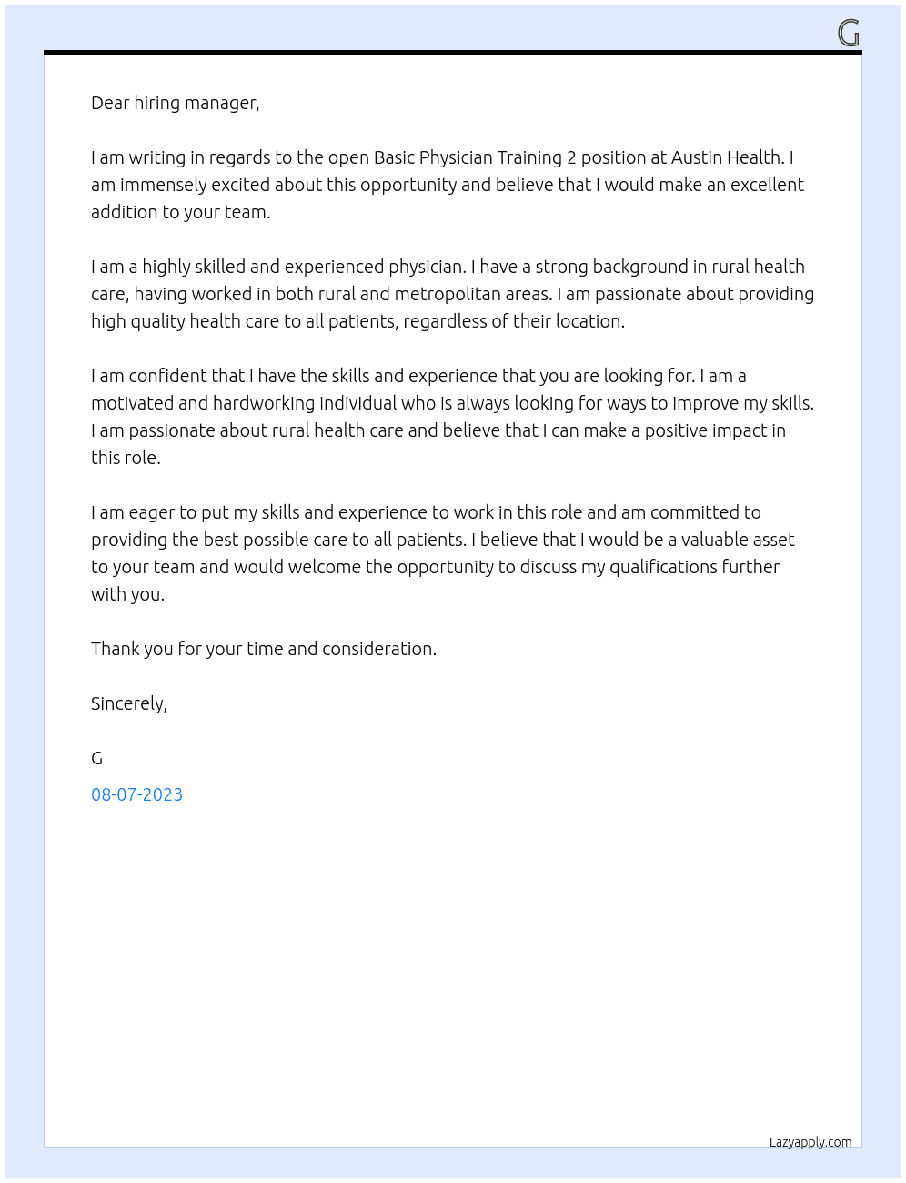 Basic Physician Training 2 At Austin Health  Cover Letter